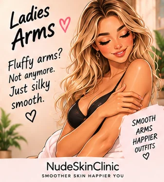 An illustrated woman smoothing a hand along her upper arm
