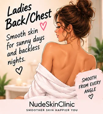 An illustrated woman with a towel slipped off her smooth back