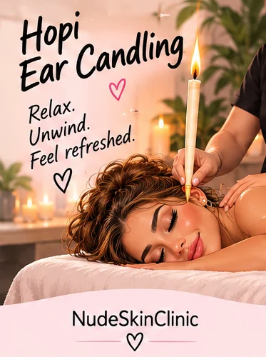 An illustrated woman lying on her side with a lit Hopi ear candle held to her ear