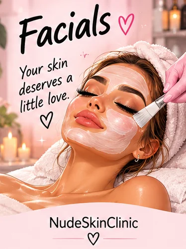An illustrated woman having a face mask brushed on, captioned Facials