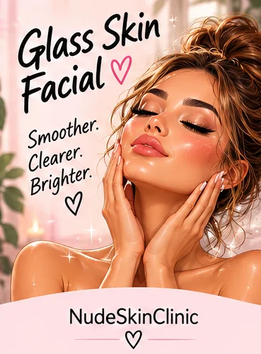 An illustrated woman resting her hands against a bright, glassy complexion