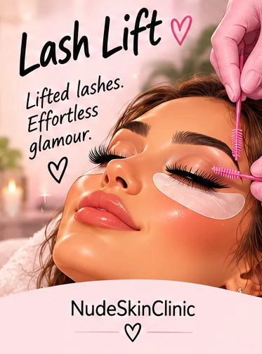 An illustrated woman having her lashes brushed up with a pink wand, under-eye patches in place