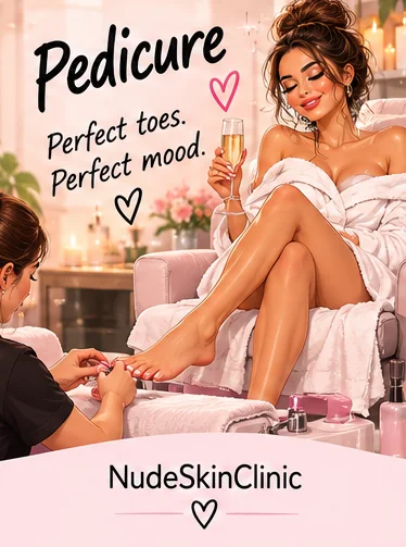 An illustrated woman in a robe with a glass of fizz having a pedicure