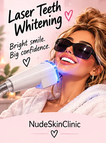 An illustrated woman in dark goggles smiling under a blue teeth-whitening lamp