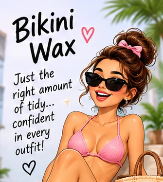 An illustrated woman in a pink bikini with a beach bag, captioned Bikini Wax