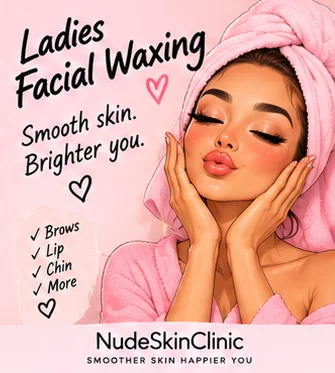 An illustrated woman in a pink towel turban touching her cheek