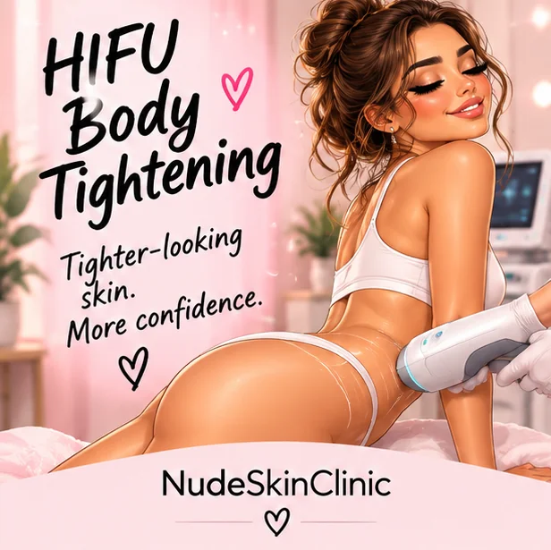 An illustrated woman having a HIFU handpiece applied along the hip, captioned HIFU Body Tightening