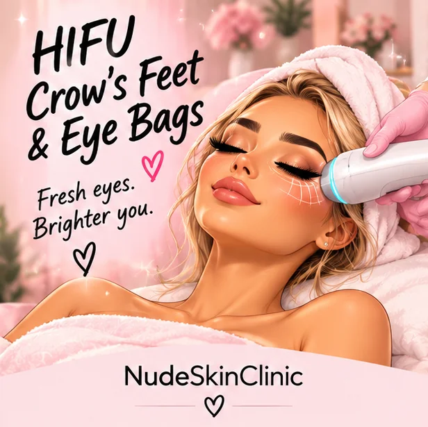 An illustrated woman having a HIFU handpiece worked around the eye area, captioned HIFU Crow’s Feet and Eye Bags