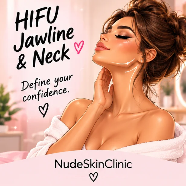 An illustrated woman tilting her chin up, with lift lines drawn along the jaw, captioned HIFU Jawline and Neck
