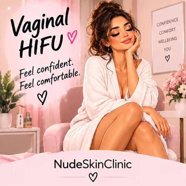 An illustrated woman in a robe sitting comfortably in the clinic, captioned Vaginal HIFU