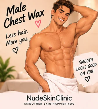 An illustrated man with a towel at his waist, captioned Male Chest Wax