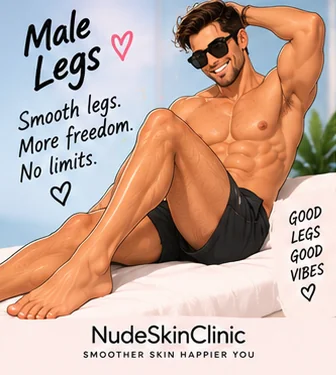 An illustrated man in sunglasses reclining with smooth legs