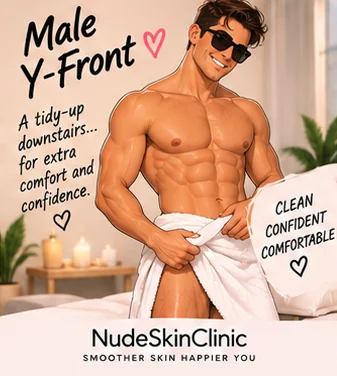 An illustrated man holding a towel at his waist, captioned Male Y-Front