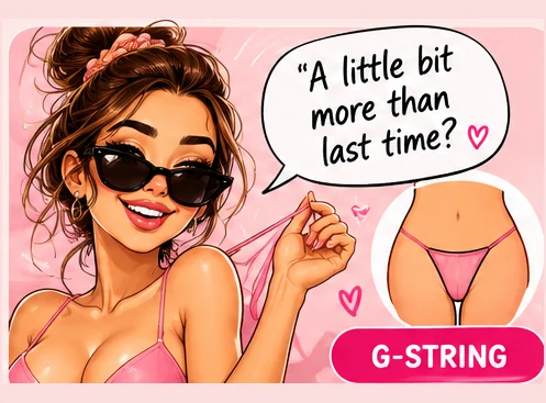 Illustrated card. Someone says “A little bit more than last time?” The treatment is a G-string.