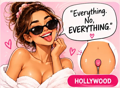 Illustrated card. Someone says “Everything. No, EVERYTHING.” The treatment is a Hollywood.