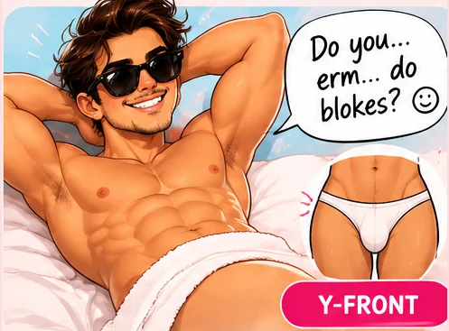 Illustrated card. Someone says “Do you… erm… do blokes?” The treatment is a Y-front.