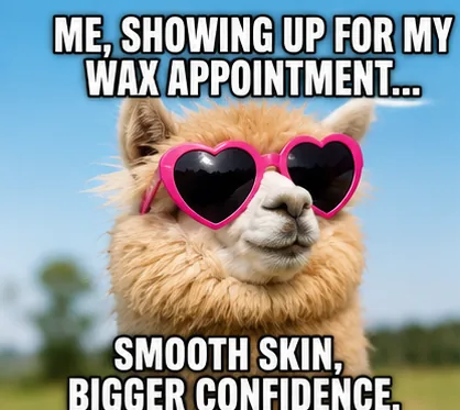 An alpaca in pink heart-shaped sunglasses, captioned: me, showing up for my wax appointment. Smooth skin, bigger confidence