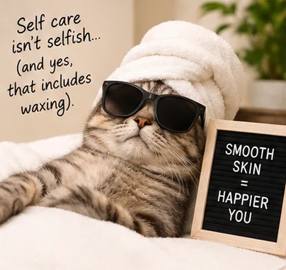 A cat in sunglasses and a towel beside a letter board reading smooth skin equals happier you