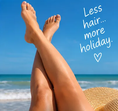 A pair of smooth legs against a bright blue sky and sea, captioned: less hair, more holiday